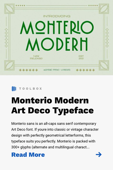 Monterio sans is an all-caps sans serif contemporary Art Deco font. If youre into classic or vintage character design with perfectly geometrical letterforms, this typeface suits you perfectly. Monterio is packed with 300+ glyphs (alternate and multilingual characters included), so now its your time to go retro-crazy and explore this display fonts uniqueness inspired by the Art Deco typography! Vintage Character Design, Deco Typography, 80s Deco, Art Deco Typography, Fonts Art, Art Deco Fonts, Art Deco Font, Deco Font, Contemporary Art Deco