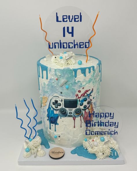 Creator Spotlight 🎂🎮🎉 Check out this awesome video game-themed cake that @myadventurecakes uploaded to our creator's page: https://bit.ly/3USEyjN This cake is perfect for a gamer's birthday! The design features a custom printed image of a video game controller on the side of a cake with blue and white frosting, topped with "Level 14 unlocked" for a unique and fun birthday message. Check out our on-demand custom-printed cake toppers: https://bit.ly/47k19cY #edibleink #cakes #customcakes #vi... White Frosting, Birthday Message, Edible Ink, Video Game Controller, Birthday Messages, Game Controller, Birthday Fun, Custom Cakes, Themed Cakes