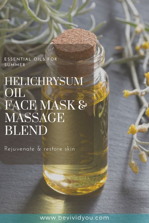 The helichrysum oil face mask is very hydrating and great for those with dry skin. **Bonus -Helichrysum promotes healthy skin regeneration**  Relax your tired and overheated muscles with a cooling helichrysum massage blend.   #helichrysum #facemask #massge #essentialoil #dryskin #muscle #essentialoilbenefits essential oil recipes Castor Oil For Face, Helichrysum Essential Oil, Essential Oils For Face, Basil Essential Oil, Eucalyptus Oil, Essential Oil Benefits, Eucalyptus Essential Oil, Fractionated Coconut Oil, Skin Care Recipes