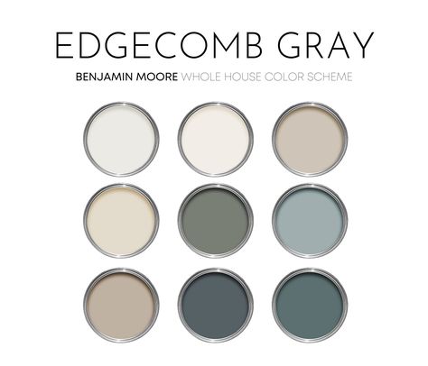 This listing is for a Edgecomb Gray paint palette, created with Benjamin Moore paint colors, and featuring the best selling color, Edgecomb Gray. I have carefully selected a range of 9 colors for this palette, and included options for walls, trim, furniture, cabinets and doors.  Benjamin Moore has hundreds of paint colors, each with their own unique undertones. This can make choosing the right paint colors hard. The colors in this collection were carefully selected to coordinate with each other Balanced Beige Sherwin Williams, Sea Salt Paint, Neutral Interior Paint Colors, Colors For Home, Color Palette Interior Design, Beige Paint Colors, Sherwin Williams Paint, Balanced Beige, Edgecomb Gray