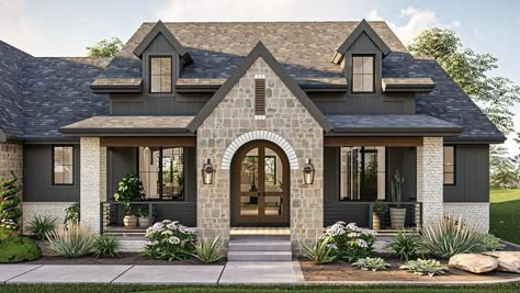 Farmhouse Plans Brick, Double Fireplace Home Plans, Painted Brick House Exterior Before And After 2 Story, Images Of New Homes, House Plans With Off Center Front Door, Houses Made Of Stone, French Craftsman, Transitional House Plans, Modern Cottage Style