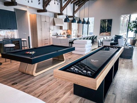 Lounge With Pool Table, Contemporary Game Room Ideas, Aesthetic Game Room Pool Table, Game Room Pool House, Pool Table In Living Room, Shuffle Board In Living Room, Family Games Room, Pool Table In Living Room Ideas, Pool Table In House