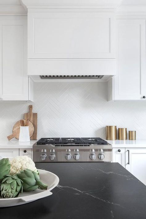 White Range Hood, White Quartz Countertops, Kitchen Hood Design, White Grout, Kitchen Vent Hood, Kitchen Vent, White Shaker Kitchen, White Range, Gray And White Kitchen