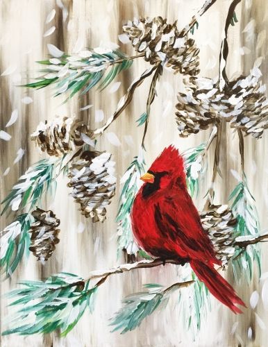 Learn to Paint Red Cardinal in a Winter Pine tonight at Paint Nite! Our artists know exactly how to teach painters of all levels - give it a try! Cardinal Painting, Christmas Paintings On Canvas, Paint Nite, Winter Painting, Red Bird, Christmas Canvas, Red Cardinal, Night Painting, Painting Class