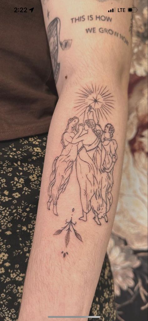 Sandro Botticelli Tattoo, Preraphaelites Tattoo, Primavera Tattoo Botticelli, Three Graces Tattoo Botticelli, Tattoo Ideas Art History, 3 Women Tattoo, Poor Things Tattoo, 3 Graces Tattoo, Back Tattoo Linework