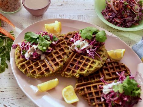 Get Falafel Waffles with Creamy Lemon Yogurt Slaw Recipe from Food Network Falafel Waffle, Girl Meets Farm, Savory Waffles, Slaw Recipe, Lemon Yogurt, Vegetarian Cabbage, Flaky Salt, Slaw Recipes, Farm Food