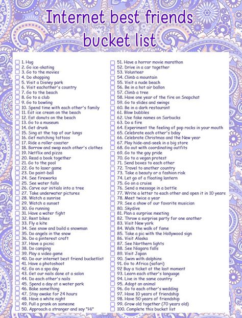 Internet best friends bucket list ❤♥️❤♥️ Best Friend To Do List, Best Friend Checklist, Bestie Ideas Bucket Lists, Bestie Bucket List, Best Friends Bucket List, Friends Bucket List, Internet Best Friends, Bff Bucket List, Best Friend Bucket List