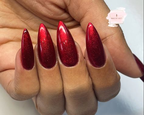 Red Chrome And Glitter Nails, Red Sparkly Acrylic Nails, Chrome Gel X Nails, Shiny Red Nails, Chrome Red Nails, Plain Acrylic Nails, Christmas Nail Designs Acrylic, Nails Sns, Ball Nails