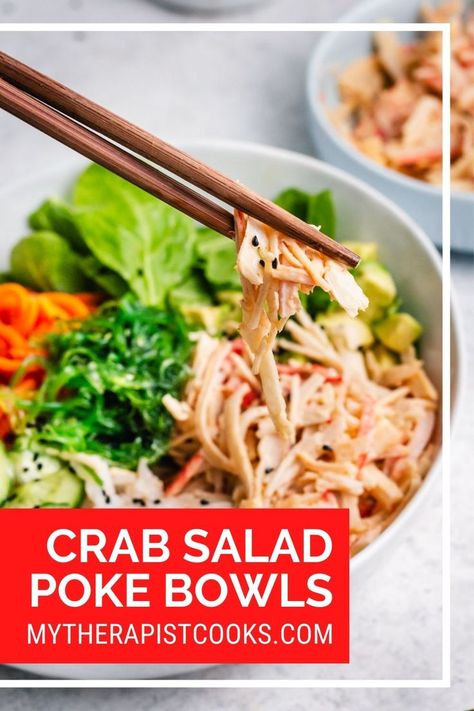 white bowl with brown chopsticks holding spicy crab salad sushi. Poke Bowl Sauce, Spicy Kani Salad, Homemade Poke Bowl, Spicy Crab Salad, Homemade Poke, Crab Sushi, Sushi Bowl Recipe, Poke Recipe, Poke Bowl Recipe