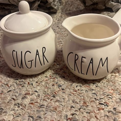 Rae Dunn Sugar And Cream. Never Used Paw Ring, Ceramic Birdhouse, Ceramic Canister, Witch's Brew, Wooden Cheese Board, Reusable Bottle, Ceramic Birds, Guest Towels, Candle Set