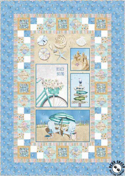 Beach Bound I Free Quilt Pattern Beach Panel Quilt, Beach Panel Quilts Ideas, Beach Theme Quilts Ideas, Beach Quilt Patterns Free, Beach Quilts Ideas, Beach House Quilts, Beach Themed Quilts, Panel Quilting, Ocean Quilt