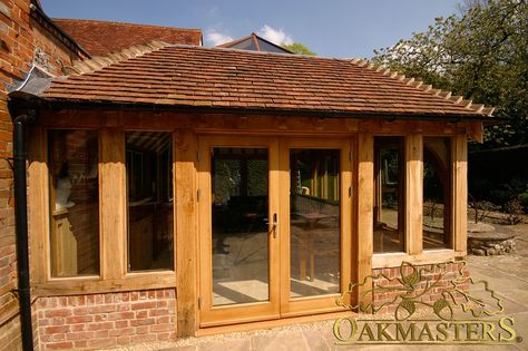 Garden room on listed brick manor house - Oakmasters Oak Extension, Orangery Roof, Garden Room Interiors, Orangery Extension, Cottage Extension, Oak Beams, Conservatory Design, Garden Room Extensions, Covered Patio Design