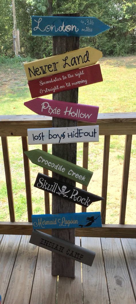 Peter Pan directional sign for my Pirate Themed classroom! Neverland Themed Room, Neverland Classroom Theme, Peter Pan Themed Classroom, Outdoor Themed Classroom, Peter Pan Classroom, Peter Pan Decorations, Disney Classroom Theme, Peter Pan Crafts, Ideas For Baby Room