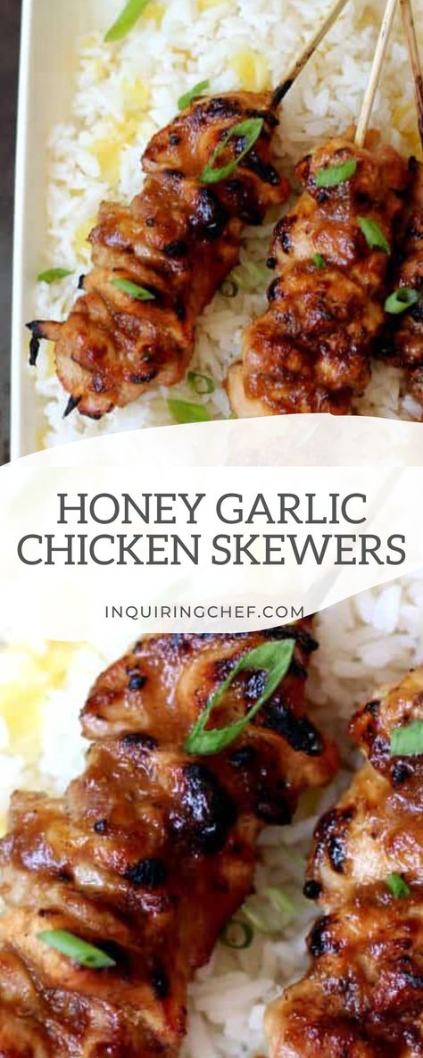 Honey garlic chicken skewers are coated in a sticky sauce that’s sweet, savory, and made with natural honey, fresh garlic and ginger, and simple soy sauce. The chicken cooks quickly on the grill, and the marinade is addictively good! #chicken #grill #marinade #summer #easyrecipe #dinnerrecipe #dinner #easychickenrecipe Honey Garlic Chicken Skewers Air Fryer, Honey Garlic Chicken Kabobs, Sticky Chicken Skewers, Chicken Screwers Recipe, Marinated Chicken Skewers Grilled, Honey Garlic Chicken Skewers, Chicken On A Stick Recipe, Chicken Skewers Marinade, Garlic Chicken Skewers