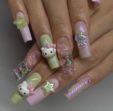 Light Green Nails, Kitty Nails, 2023 Love, Cute Acrylic Nail Designs, Hello Kitty Nails, Pretty Gel Nails, Really Cute Nails, Soft Nails, Cat Nails