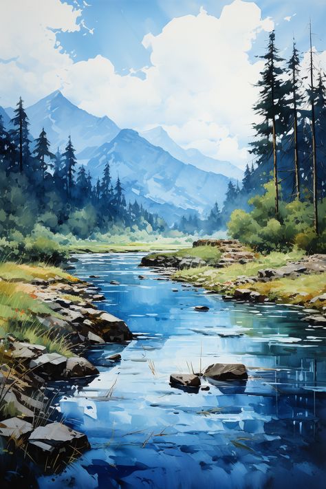 Landscapes In Impressionist Watercolor Style mountain lake Watercolour Mountains Landscapes, Mountain Lake Drawing, Mountain Scenery Painting, Mountain Lake Painting, Lake Drawing, Watercolor Mountain Landscape, Boat Watercolor, River Watercolor, Watercolor Landscape Tutorial