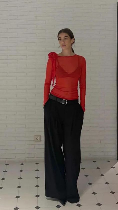 Christmas Party Trouser Outfit, December Night Out Outfit, Night Club Outfits Pants, Dance Party Outfit Casual, Red Silk Pants Outfit, Gala Dinner Outfit Classy, Maneater Outfit, Prada Aesthetic Outfit, Corporate Holiday Party Outfit