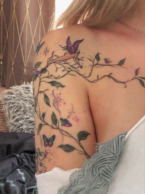 Mismatched Tattoo Sleeve, Flower Garden Sleeve Tattoo, Big Dainty Tattoos For Women, Chest Vine Tattoo Female, Celestial Arm Sleeve, Collar Bone Tattoo Plants, Cool Mom And Daughter Tattoos, Girly Hip Tattoos, Scattered Flower Tattoo