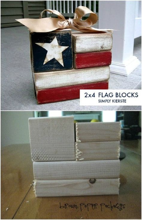 20 DIY Rustic Wood Fourth Of July Décor Ideas To Show Your Patriotic Pride #diy #crafts #4thjuly #decorating #rusticdecor 2x4 Crafts, Americana Crafts, Wood Block Crafts, 4th July Crafts, Dog House Diy, Wooden Flag, Popular Crafts, Fourth Of July Decor, Block Craft