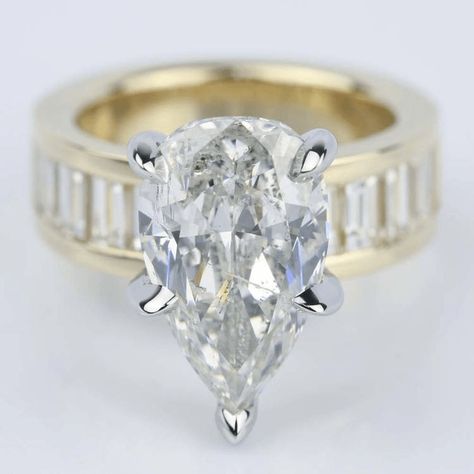 Engagement Ring 5 Carat, Thick Gold Band, Pear Cut Diamond Ring, Baguette Diamond Band, Baguette Engagement Ring, Pear Diamond Rings, Diamond Baguette, Pear Shaped Engagement Rings, Bling Wedding