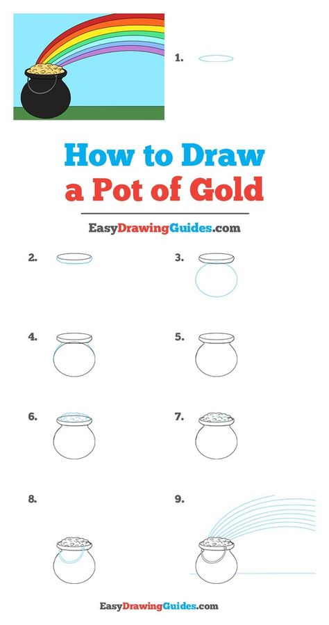 Learn How to Draw a Pot Of Gold: Easy Step-by-Step Drawing Tutorial for Kids and Beginners. #Pot Of Gold #DrawingTutorial #EasyDrawing See the full tutorial at https://easydrawingguides.com/how-to-draw-a-pot-of-gold/. How To Draw A Leprechaun Easy, How To Draw A Pot Of Gold, How To Draw A Leprechaun Step By Step, Gold Drawing Easy, How To Draw A Leprechaun, Leprechaun Drawing Easy, Pot Of Gold Drawing, Draw A Rainbow, Holiday Doodles