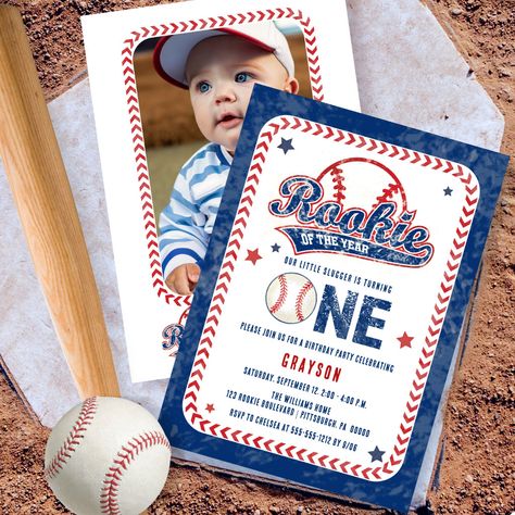 Baseball Birthday Party Invitations, Back Photo, Baseball Birthday Party, 1st Birthday Party Invitations, Photo Birthday Invitations, Baseball Birthday, Kids Birthday Party Invitations, Boy Birthday Invitations, 1st Birthday Invitations