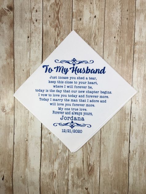 How adorable would it be to give this to your #husband on your #weddingday? #bride #wedding #love #weddinginspiration #weddings #instawedding #bridetobe #weddinginspo #weddingplanning #weddingideas #engaged #ido #brideandgroom #theknot #bridal #destinationwedding #marriage #couple #groomsmen #bridesmaids #groom #futurehusband #groomgift #wife #married #happy #justmarried #thedodgyfoxboutique Personalized Handkerchief, Groom Wedding Gift, Personalized Handkerchief Wedding, Personalized Handkerchiefs, Wedding Gifts For Parents, Wedding Gifts For Groom, Wedding Day Gifts, In Memory Of Dad, Wedding Handkerchief