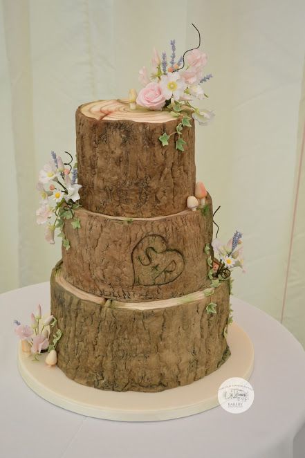 Log wedding cake, log effect wedding cake, 3 tier wedding cake, woodland wedding cake, woodland wedding, pretty log cake, sugar flowers, Woodland Wedding Cake, Wood Wedding Cakes, Lavender Wedding Cake, Woodland Cake, Country Wedding Cakes, Log Cake, 3 Tier Cake, Wood Cake, Tiered Cake