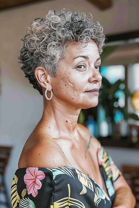 25 Stunning Short Haircuts for Women Over 60 You Need to Try Now Grey Curly Hair Over 50, Short Curly Gray Hair Over 50, Pixie For Curly Hair, Short Curly Grey Hair, Curly Grey Hair Natural Curls, Short Curly Pixie Hairstyles, Short Grey Hair Over 60, Pixie Cut For Curly Hair, Hair Styles For Women Over 70