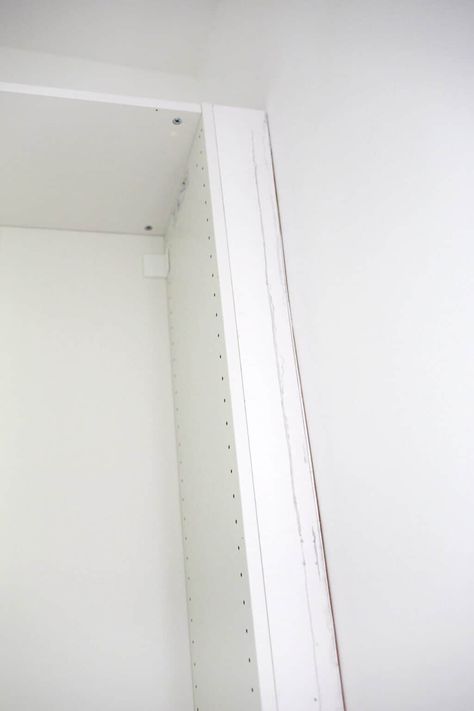 Easy Hack to Build-In an IKEA Pax Wardrobe - A Beautiful Mess Ikea Pax Closet Trim, Ikea Pax Grimo Door Handles, Ikea Alcove Wardrobe Hack, Ikea Pax Trim, How To Build In Ikea Pax Wardrobe, Ikea Pax Paint Match, Diy Built In Wardrobe Ideas Ikea Hacks, Pax 75 Cm Ikea Door, Forsand Ikea Pax Wardrobe