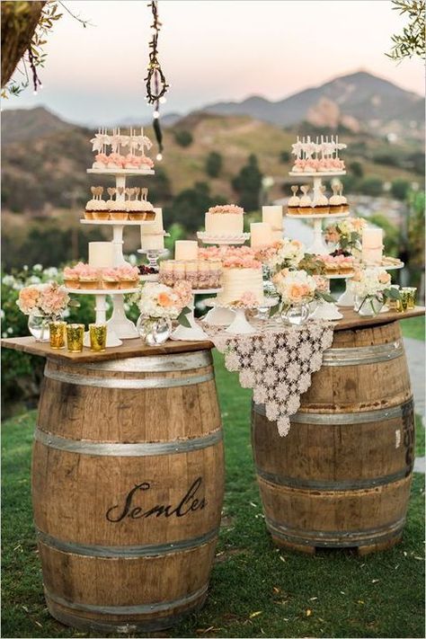 Whether you are planning a vineyard, backyard or rustic wedding, pay attention to barrels – they are amazing for wedding decor! A barrel may be used as ... Wedding Cakes Rustic Vintage, Rustic Dessert, Rustic Wedding Decorations, Dessert Bar Wedding, Cakes And Desserts, Wedding Cake Table, Wedding Cake Rustic, Wedding Dessert Table, Cakes And Cupcakes