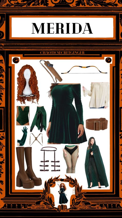 Merida DIY Costume, curly red wig, green dress, bow, quiver, off white undershirt, brown belt, green cape, green bodice, green skirt, green gloves, brown garters, brown backstrap, brown boots Modern Merida Outfit, Meredith Brave Costume, Diy Merida Costume Women, Brave Costume Women, Brave Merida Costume, Merida Costume Women, Merida Aesthetic Outfit, Merida Costume Ideas, Merida Costume Diy