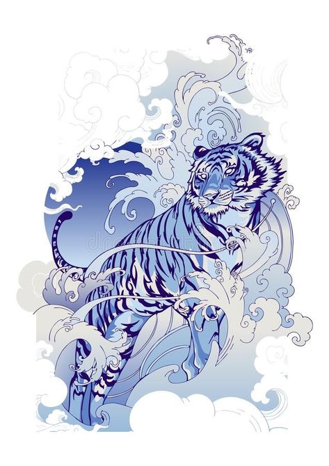 Japanese Tiger, Tiger Artwork, Chinese Illustration, Tiger Drawing, Tiger Illustration, Cloud Tattoo, Cloud Design, Japanese Drawings, Illustration Doodle