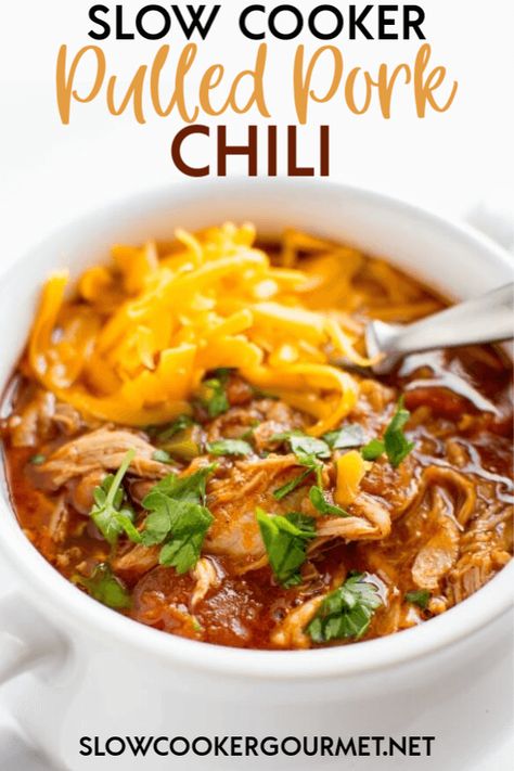 Slow Cooker Pulled Pork Chili - Slow Cooker Gourmet Pork Chili Recipe, Pulled Pork Chili, Chili Crockpot, Pork Chili, Pork Soup, Crockpot Pulled Pork, Crockpot Chili, Slow Cooker Pulled Pork, Slow Cooked Meals