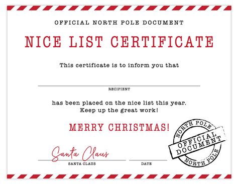 Free Printable Nice List Certificate | Signed by Santa Christmas Certificate Printable, Elf Nice List Free Printable, Santa Nice List Certificate Free, Santa Envelope Printable Free, Nice List Certificate Free Printable, Letter From Santa Free Printable, Santa Nice List Certificate, Free Printable Santa Letters, Santa Gift Tags Printable