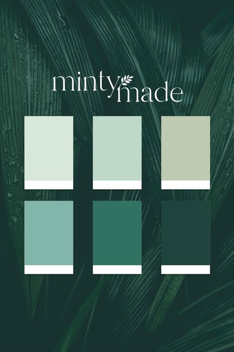 Sharing Minty Made’s own branding color palette. This color inspiration is drawn from my favorite minty color. Our palette also incorporates, cool earthy green tones and muted hues of blue-green inspired from nature. Want more color palette inspiration for branding projects?Check out my color palette board, or come say hi on Instagram @minty_made #earthytones #naturalcolorpaletteinspiration#branddesigner #webdesigner Luxury Green Color Palette, Green Tones Palette, Green Branding Color Palette, Mint Green Color Palette, Green Brand Identity, Blue Green Color Palette, Blue Green Aesthetic, Mint Color Palette, Mint Color Palettes