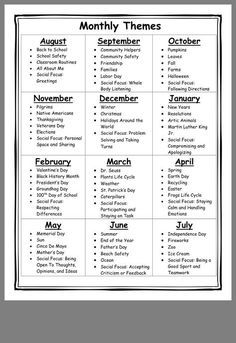 Afterschool Program Themes, Theme Of The Month Ideas, Classroom Monthly Themes, Homeschool Monthly Theme Ideas, Changes All Around Infant Theme, November Lesson Plans For Infants, September Daycare Themes, Monthly Themes For Elementary School, Month Themes