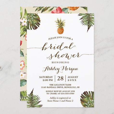 Luau Tropical Leaves Pineapple Bridal Shower Invitation Beach Engagement Party, Summer Baby Shower Invitations, Tropical Bridal Shower Invitations, Pineapple Leaves, Tropical Birthday Party, Leaf Invitations, Summer Pineapple, Retirement Party Invitations, Tropical Bridal