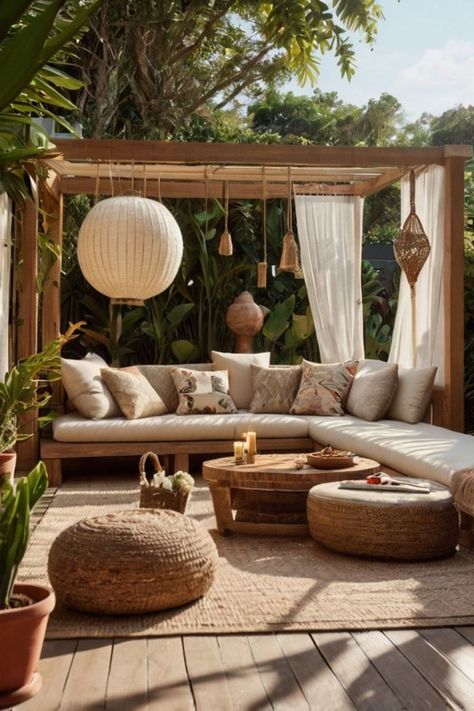 Inviting small backyard featuring a fire pit surrounded by seating. Organic Modern Patio Decor, Tulum Backyard, Bali Inspired Backyard, Tulum Inspired Backyard, Lanai Ideas, Small Backyard Pool, Boho Backyard, Rattan Patio Furniture, Pergola Ideas