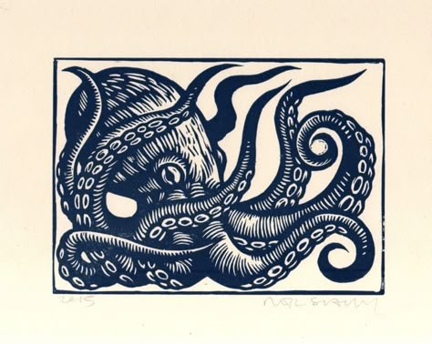 Linocut Ocean, Octopus Linocut, Art Octopus, Octopus Wall Art, Linoleum Block Printing, Linoleum Print, Linocut Printmaking, Lino Art, Paper Image