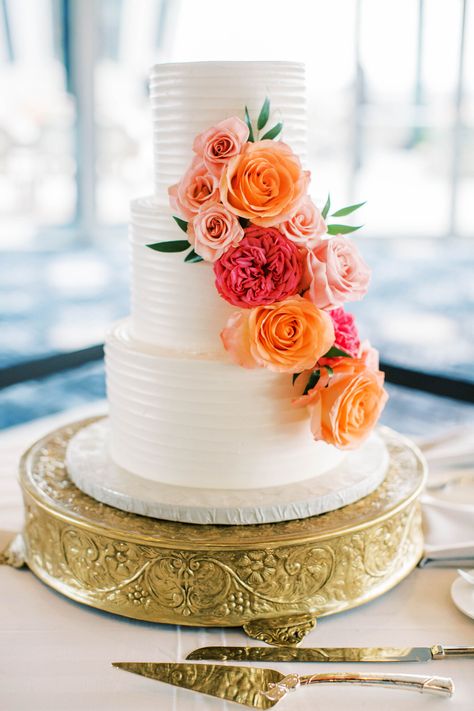 Wedding Cakes With Flowers Cascading, Orange Flower Wedding Cake, Orange And Pink Wedding Cake, Wedding Cake Coral Flowers, 3 Tier Cake With Flowers, Cascading Flower Cake, 3 Tier Wedding Cake With Flowers, Sunset Wedding Cake, Simple Floral Wedding Cake