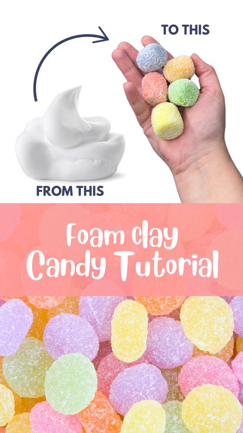 Make your own fake candy for your holiday display and christmas crafts. build gingerbread houses and decorate with your own gumdrops and lollipops. Super easy and fun! Flex Foam Projects, Foam Lollipops Diy, Air Dry Clay Marshmallows, Candy Theme Crafts, How To Make Fake Cotton Candy, Fake Gumdrops Diy, Fake Candy Decorations Diy Christmas, Fake Cotton Candy Diy, Diy Fake Candy Decorations