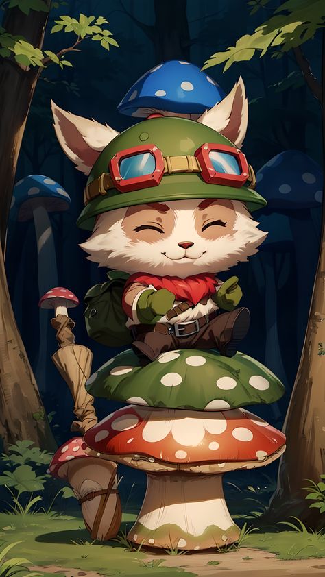 League of Legends, Teemo, solo, smile, gloves, 1boy, hat, :3, laugh, full body, closed eyes, boots, belt, pants, goggles, furry, green headwear, goggles on headwear, yordle, magic gigants forest, chibi, big mushrooms, cute, smile, no humans, Lol Art League Of Legends, League Of Legends Yordle, Chibi League Of Legends, League Of Legends Drawing, Lol Characters, League Of Legends Logo, League Of Legends Wallpapers, League Of Legends Wallpaper, League Of Legends Yasuo