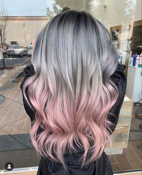 Balayage With Pink, Grey And Pink Hair, Grey Hair With Pink Highlights, Hair Dye Transformation, Grey Pink Hair, Pink Grey Hair, Pink Ombre Hair, Peekaboo Hair, Silver Hair Color