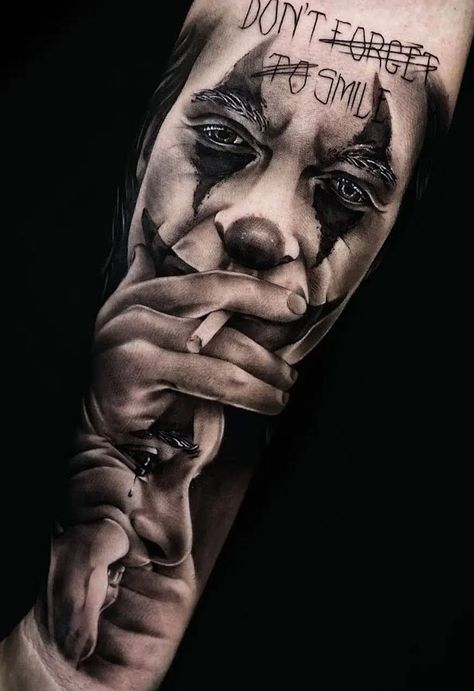 Joker Tattoo Ideas, Movie Character Tattoos, Tato Joker, Joker Face Tattoo, Joker Tattoo Design, Gangsta Tattoos, Evil Tattoos, Batman Tattoo, Clown Tattoo