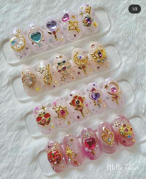 Kawaii Rhinestone Nails, Sailor Moon Nails Design, Sailor Moon Theme, Nail Art Dotting Tool, Sailor Moon Nails, Art Deco Nails, Magic Nails, Asian Nails, Fantasy Nails