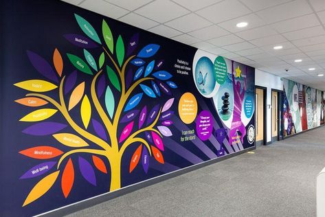 Educational Wall Art For School, Neurodiversity Display, School Wall Art Ideas Paint, School Corridor Decoration Ideas, School Entrance Design, School Mural Ideas, Vibrant Office Design, Classroom Walls Paint, School Lobby