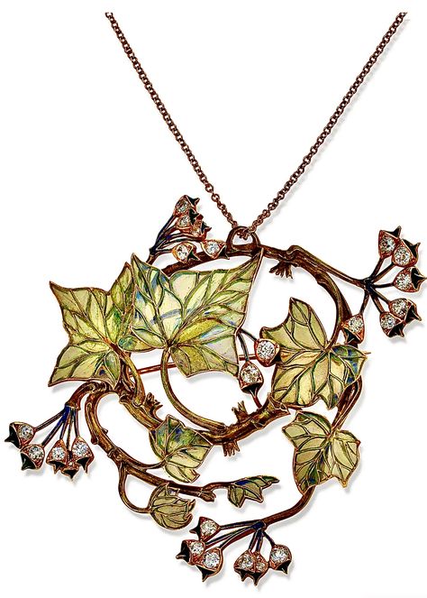 René Lalique | Art Nouveau ‘Lierre’ Ivy Pendant Brooch/ Necklace, c1900-02, plique-à-jour enamel/ diamonds. Sold by Macklowe Gallerys for $95,000 Ivy Art Nouveau, Art Nouveau Insects, Art Nouveau Accessories, Art Nouveau Necklace, Lalique Jewelry, Art Nouveau Necklaces, Pendant Brooch, Brooch Necklace, Ants