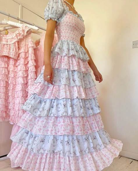 Amy Jane London on Instagram: "Romantic ruffled gown painted in our pink rose ditsy & blue rococo floral 🌸" Amy Jane London, Ruffled Gown, Modesty Outfits, Cute Modest Outfits, Business Dresses, Rococo, Dance Dresses, Fancy Dresses, Modest Outfits