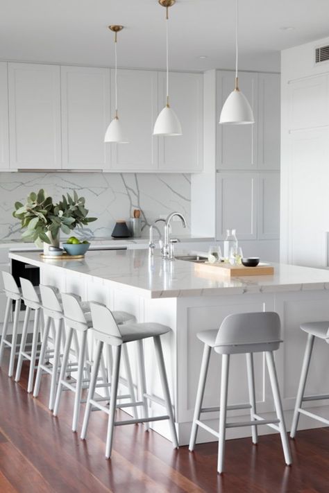 Kitchen island inspiration: 20 glorious islands that steal the show | Home Beautiful Magazine Australia Modern Hamptons Kitchen, Hamptons Kitchen, Modern Hampton, Kitchen Island Bench, White Bar Stools, Kitchen Benches, White Pendant Light, Kitchen Island Design, Kitchen Pendants